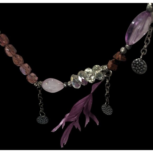 Bohemian Purple And Silver Tone Charm And Feather Beaded Necklace - Picture 4 of 10